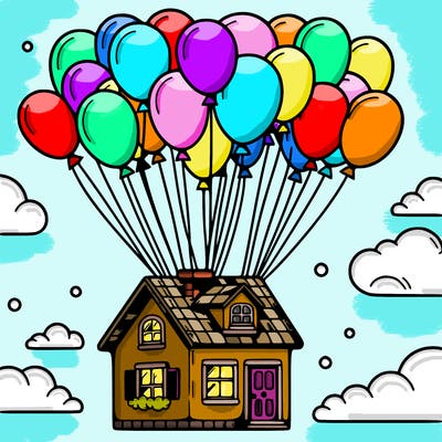 house floating from lots of balloons