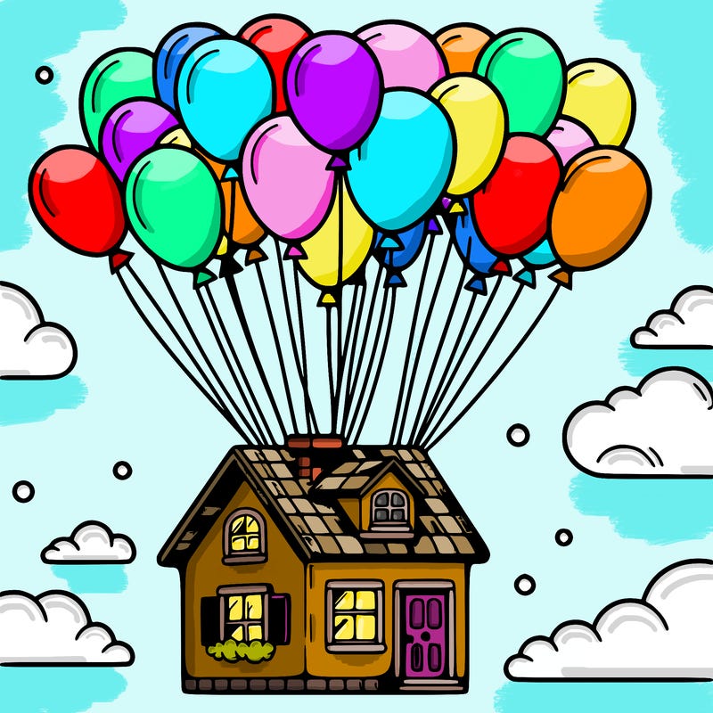 house floating from lots of balloons