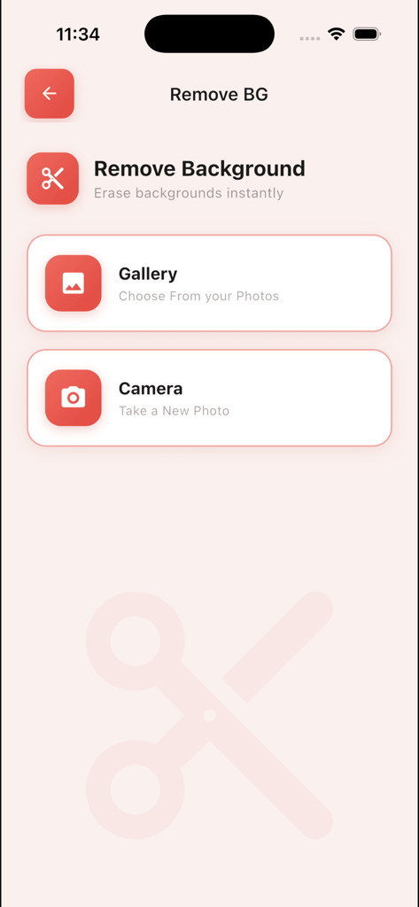 PhotoCraft Editor - Interface of the PhotoCraft Editor app showing options to remove background by selecting a photo from the gallery or taking a new one with the camera