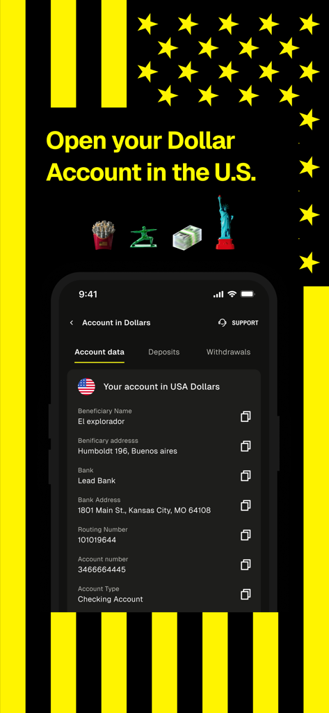 Screenshot der El Dorado App, der US-Dollar-Kontodetails und Bankinformationen anzeigt.