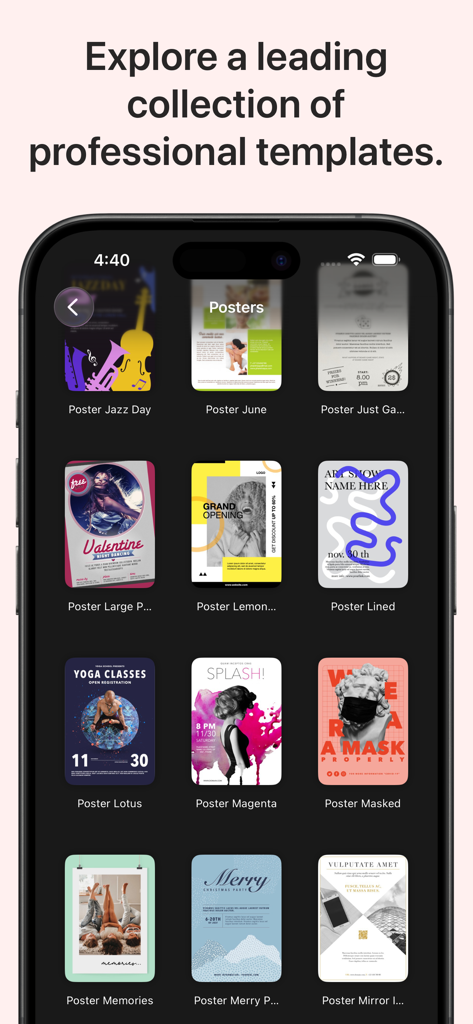 Una pantalla de aplicación móvil que muestra una cuadrícula de plantillas de pósteres profesionales, incluidos diseños para el día del jazz y clases de yoga.