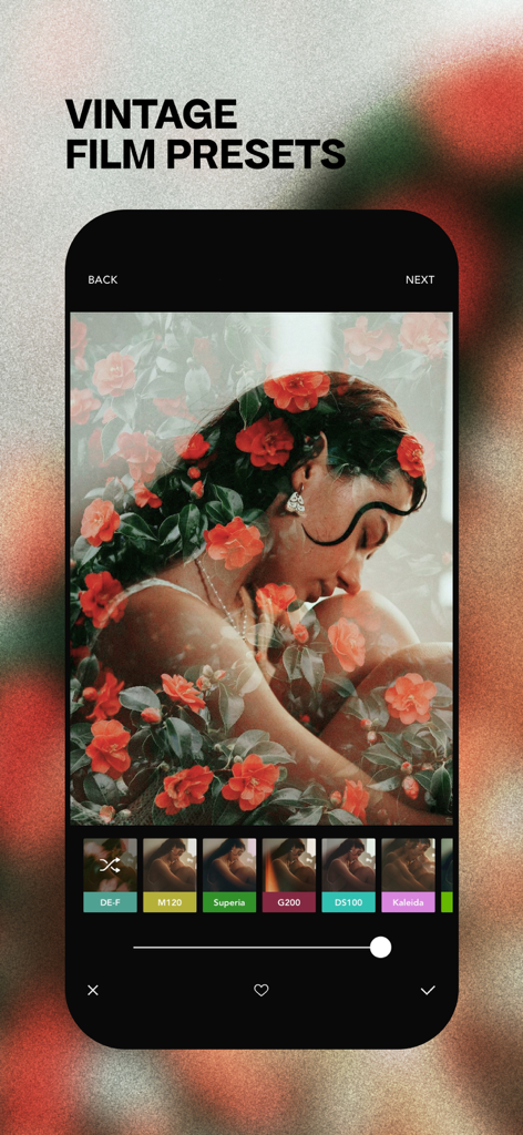 Afterlight app interface displaying vintage film presets and an artistic photo edit with floral overlays