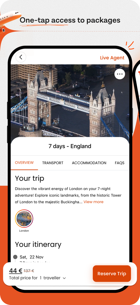 Pantalla de la aplicación móvil Tryp.com que muestra un itinerario de viaje de siete días por Inglaterra con el Tower Bridge de Londres.