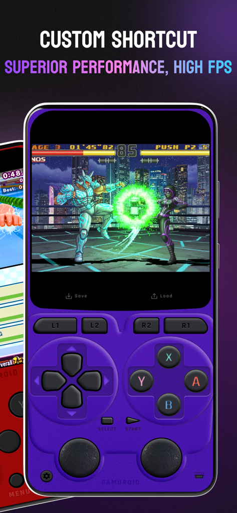 Gamuroid: All Game Emulator - Interface do aplicativo Gamuroid com atalhos personalizados e jogabilidade de alto desempenho em um console virtual portátil.