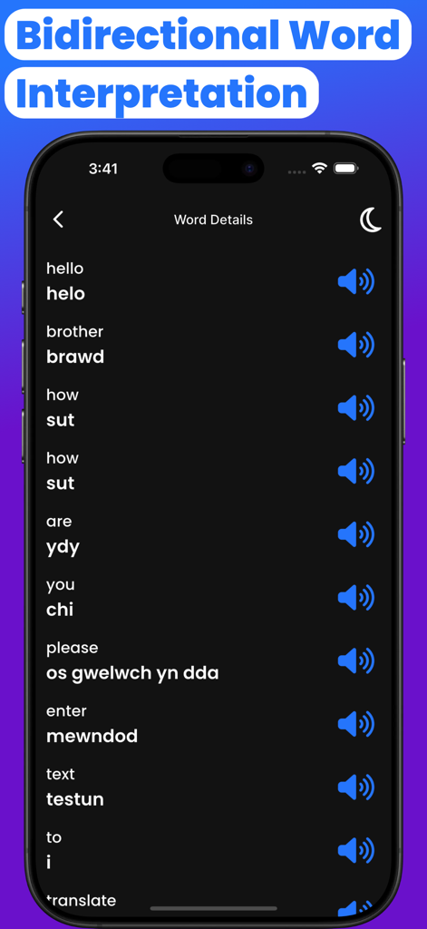 A mobile app screen showing English words like hello and brother translated into Welsh with audio buttons in dark mode.