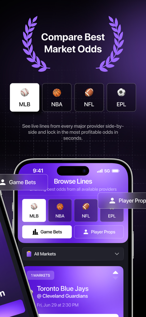 Stat AI - Sports Analysis - Stat AI app interface comparing best sports betting odds for MLB NBA NFL and EPL leagues