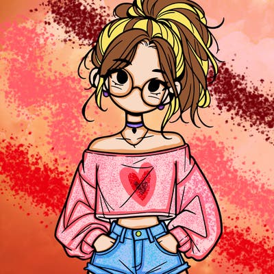 girl with a messy ponytail glasses a baggy crop top and jean shorts