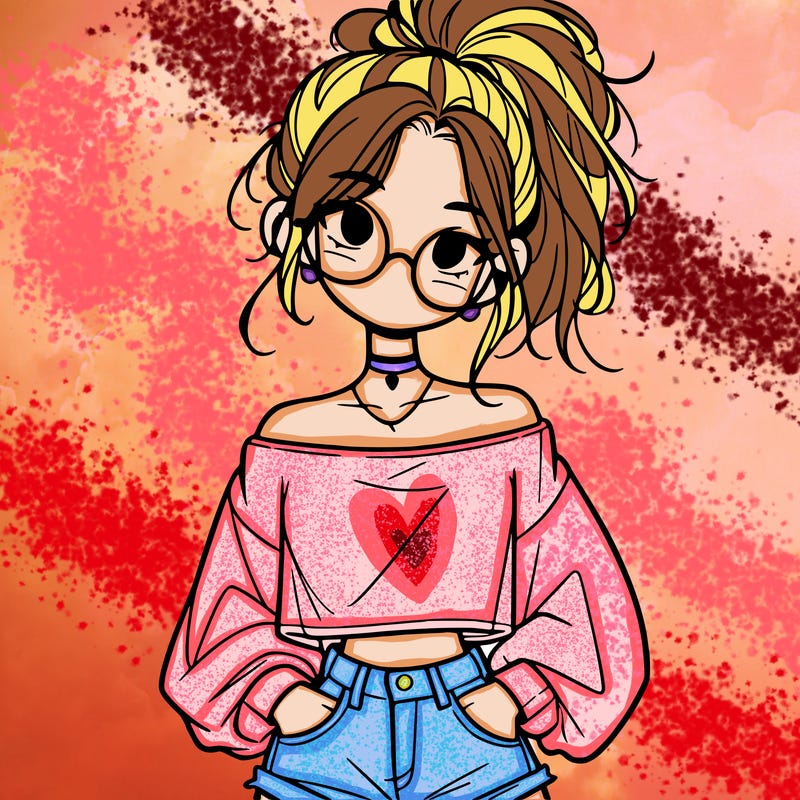 girl with a messy ponytail glasses a baggy crop top and jean shorts