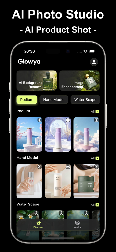 Glowya：AI Photo & Video Editor - Glowyaアプリのインターフェースで、ポディウムやハンドモデルのシーンを含むプロ仕様の商品写真用のAI写真スタジオテンプレートが表示されている