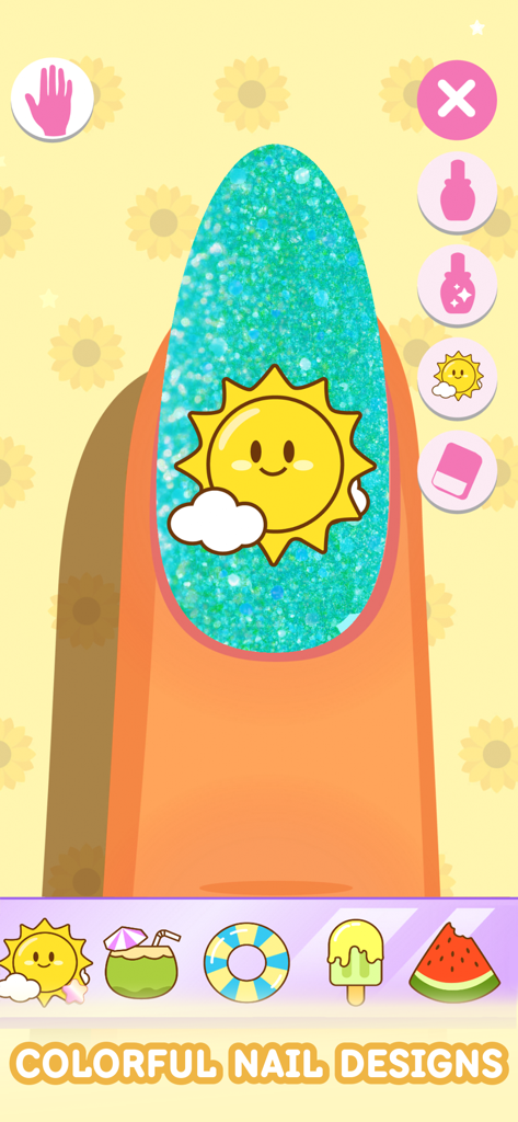 Nail Games: Salon for Girls - Digital nail art design with turquoise glitter and a cute sun sticker