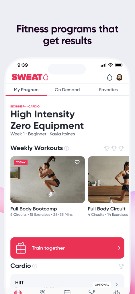 Interface of the Sweat app showing the High Intensity Zero Equipment workout program by Kayla Itsines.