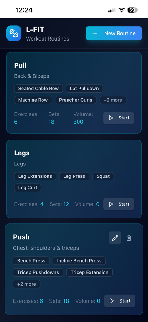 L-fit - L-fit mobile app displaying workout routines for Pull Legs and Push including exercise counts and sets
