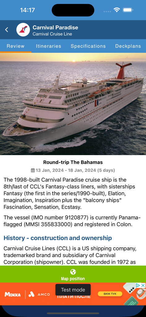 CruiseMapper - CruiseMapper app showing Carnival Paradise ship info and itinerary
