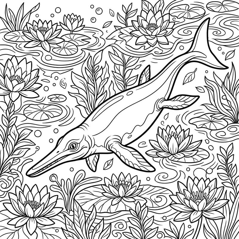 Embark on an ancient aquatic adventure with this captivating Cymbospondylus coloring page. Discover a majestic ichthyosaur swimming gracefully amidst a vibrant spring setting filled with blooming water lilies and flowing plants.