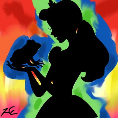 a shadow of a princess holding a frog realistic