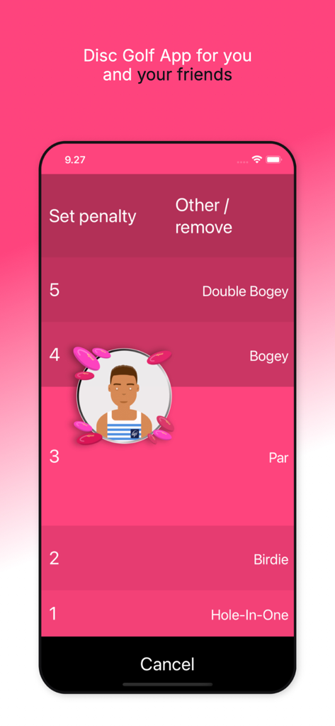 Upsi Disc Golf app digital scorecard screen for recording hole scores such as Birdie, Par, and Bogey.