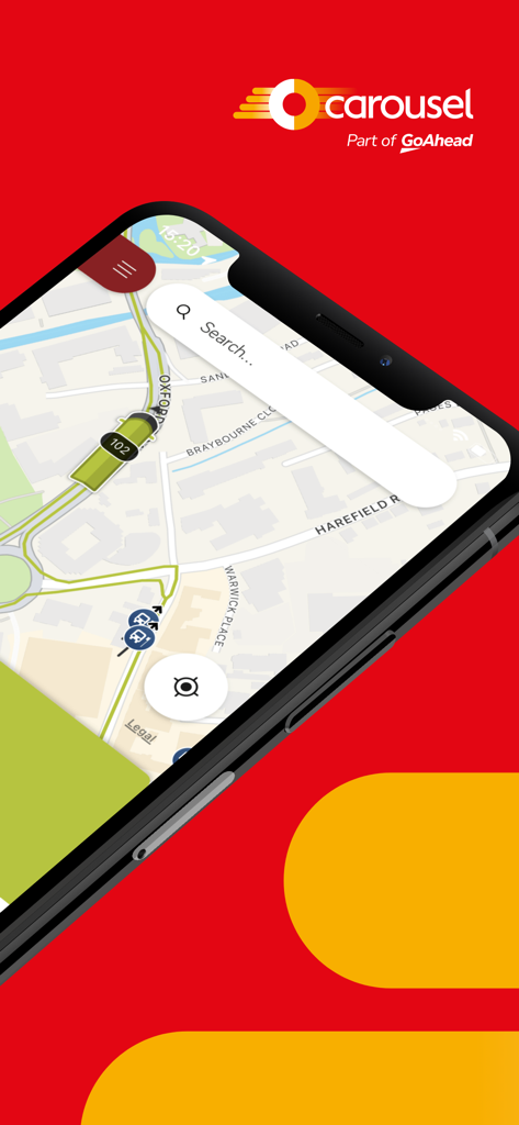 Carousel: High Wycombe buses - Smartphone showing the Carousel bus app interface with a live map and bus location in High Wycombe