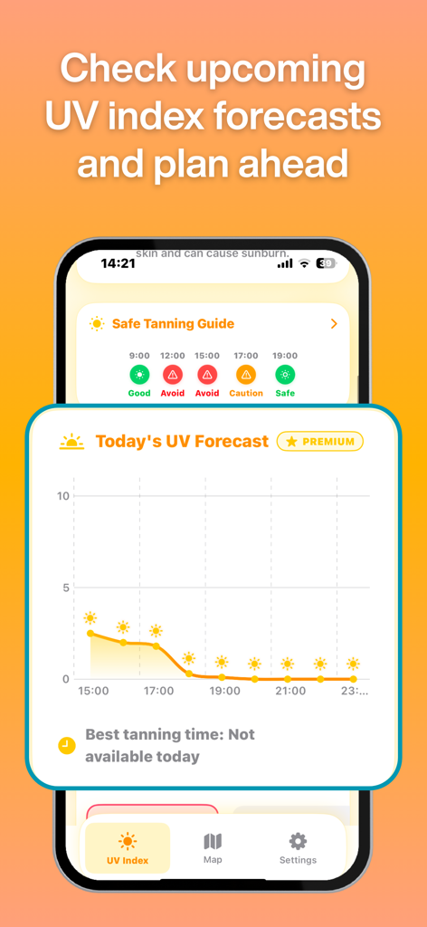 Sundex app mobile screen showing a daily UV index forecast graph and safe tanning guide.