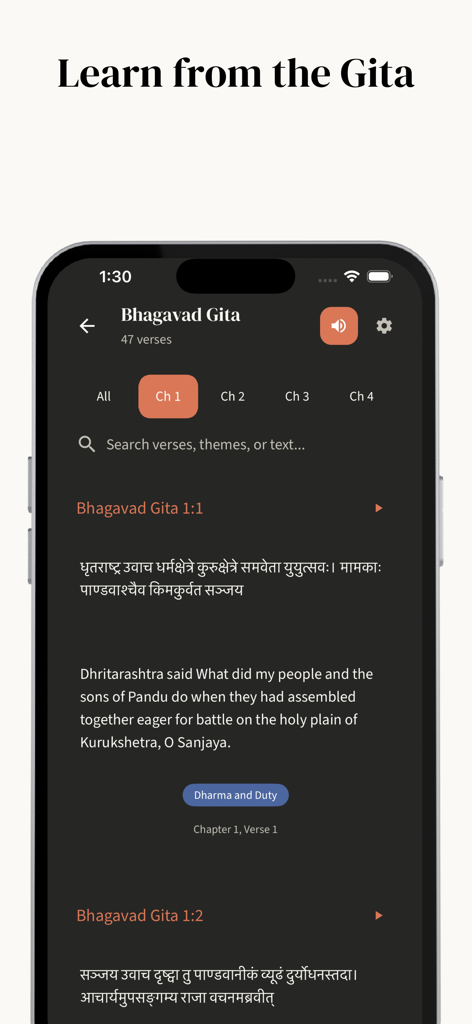 Om.AI – AI Astrology & Kundli - Om.AI app screen displaying Bhagavad Gita Chapter 1 Verse 1 with Sanskrit text and English translation.