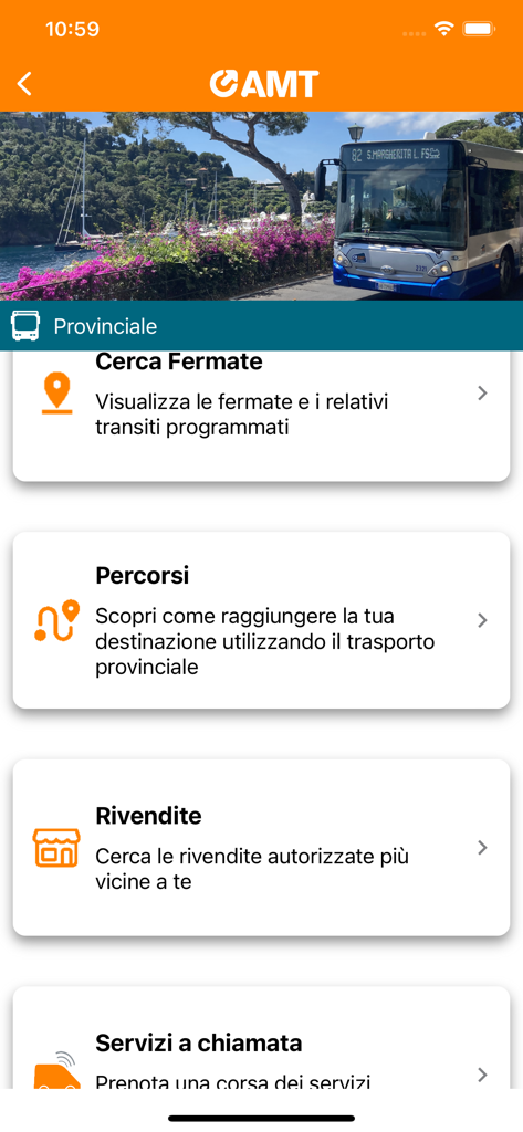 AMT Genova app interface displaying provincial transit features including stop search and route planning