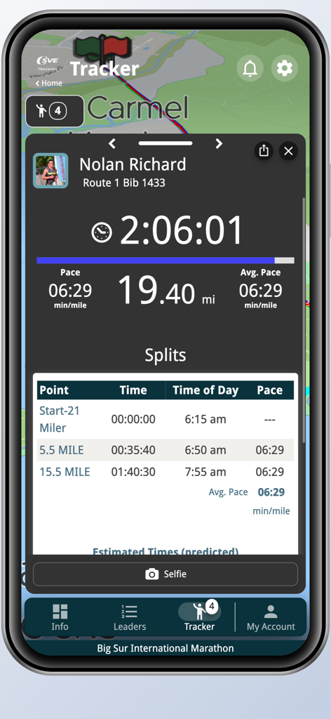 SVE Live! - SVE Live app interface showing real-time runner tracking with pace distance and split times during a marathon.