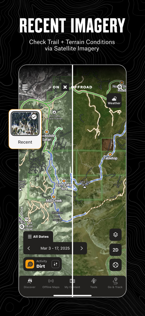 onX Offroad: Trail Maps & GPS - Schermata dell'app mobile onX Offroad che visualizza immagini satellitari recenti per monitorare le condizioni dei sentieri e del terreno.