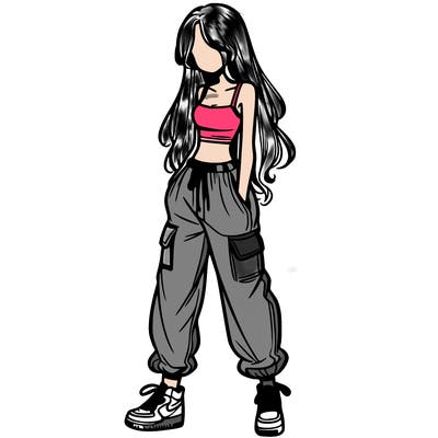 girl in baggy pants crop top and long hair
