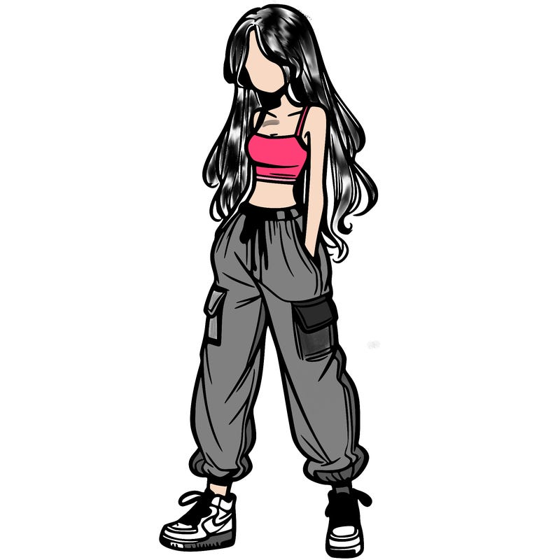 girl in baggy pants crop top and long hair