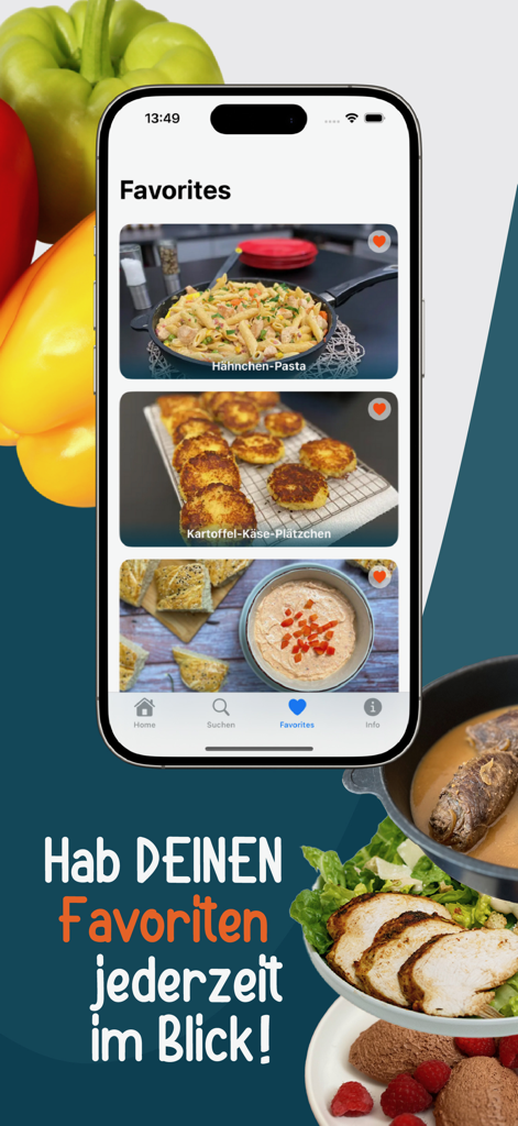 Bianca's Kitchen - Screenshot of the Favorites tab in the Bianca's Kitchen recipe app showing saved dishes like chicken pasta and potato cheese patties.