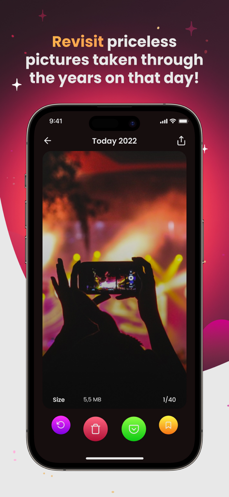 Photo Purge: Swipe & Delete - Interfaz de la aplicación Photo Purge que muestra la función 'En este día' para revisar y clasificar fotos históricas.