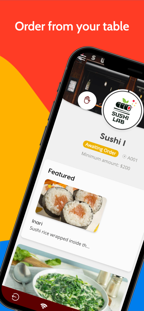 Waitry: Digital Restaurants - Interfaz de la aplicación Waitry en un smartphone que muestra un menú de restaurante digital y la función de pedido desde la mesa