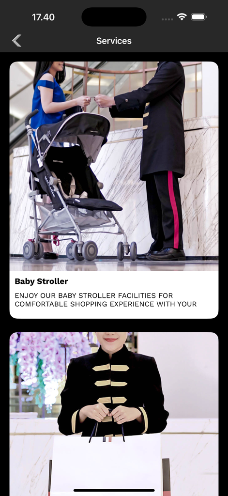 Senayan City - The services screen of the Senayan City app displaying premium amenities such as baby stroller rental and shopping assistance.