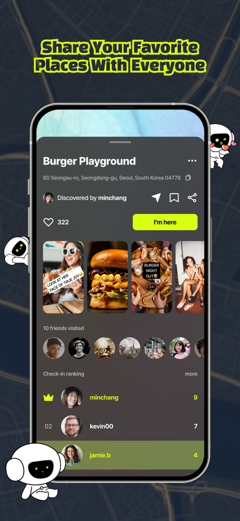 Lalatok: Map-Based Social App - Interfaz de la aplicación Lalatok que muestra el perfil de un restaurante con fotos de visitas de amigos y una tabla de clasificación local de check-ins.