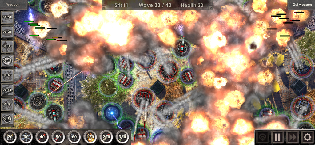 Defense Zone 3 HD - Realistic military tower defense gameplay in Defense Zone 3 HD featuring turrets firing and massive explosions on a tactical battlefield.