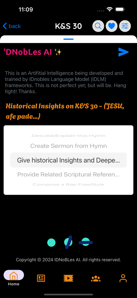 C&S Mobile - Interface of the C&S Mobile app showing AI generated historical insights and options for hymn analysis