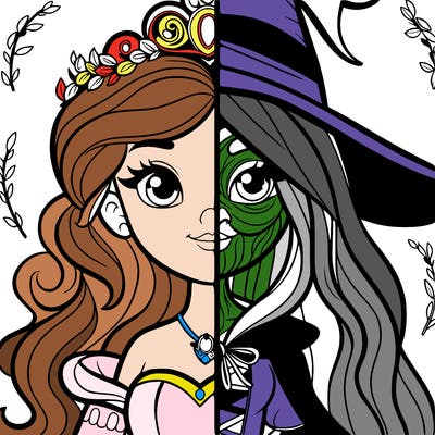 detailed realistic split of a princess and a witch