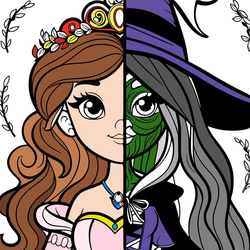 detailed realistic split of a princess and a witch