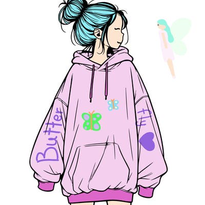 realistic girl with a oversized sweatshirt on and a bun