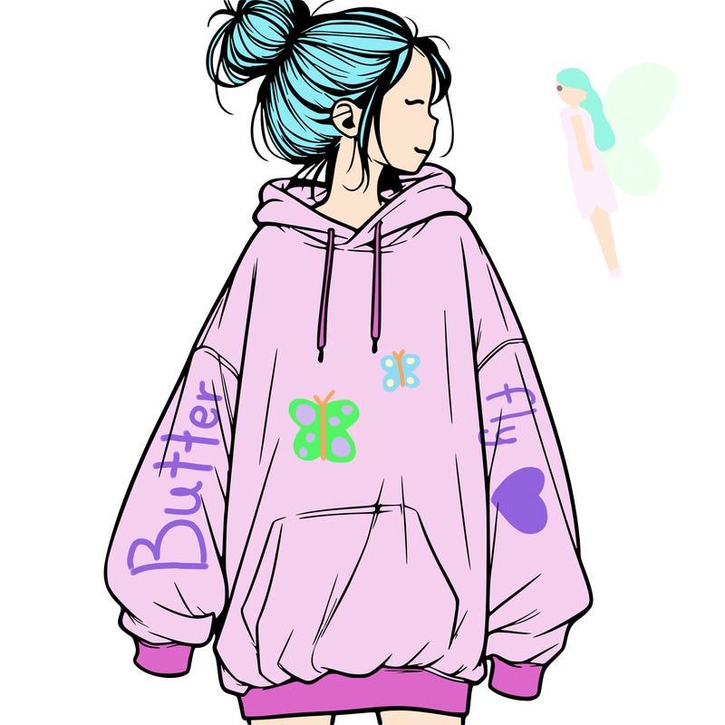realistic girl with a oversized sweatshirt on and a bun