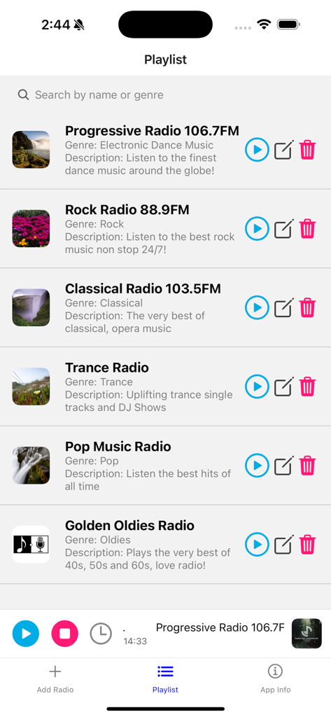Radio: Create Stations - L'écran de playlist de l'application radio montrant une liste de stations personnalisées avec des genres et des descriptions