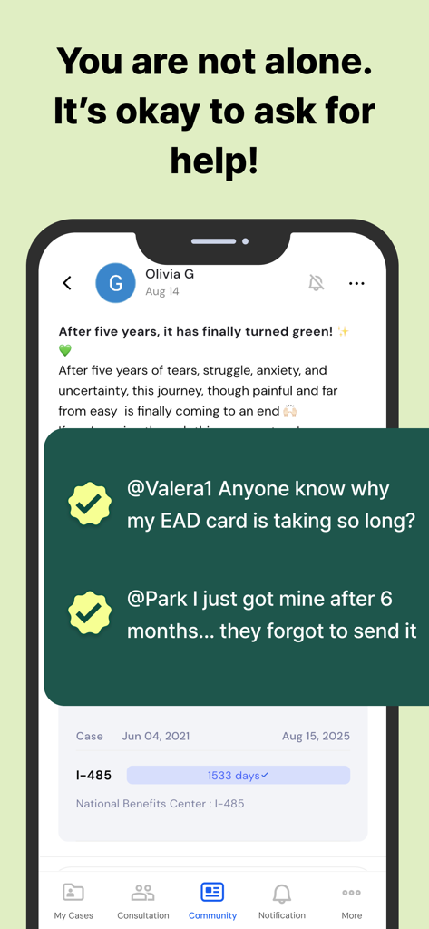 Lawfully Case Tracker - Lawfully app community screen showing user posts and immigration case discussions