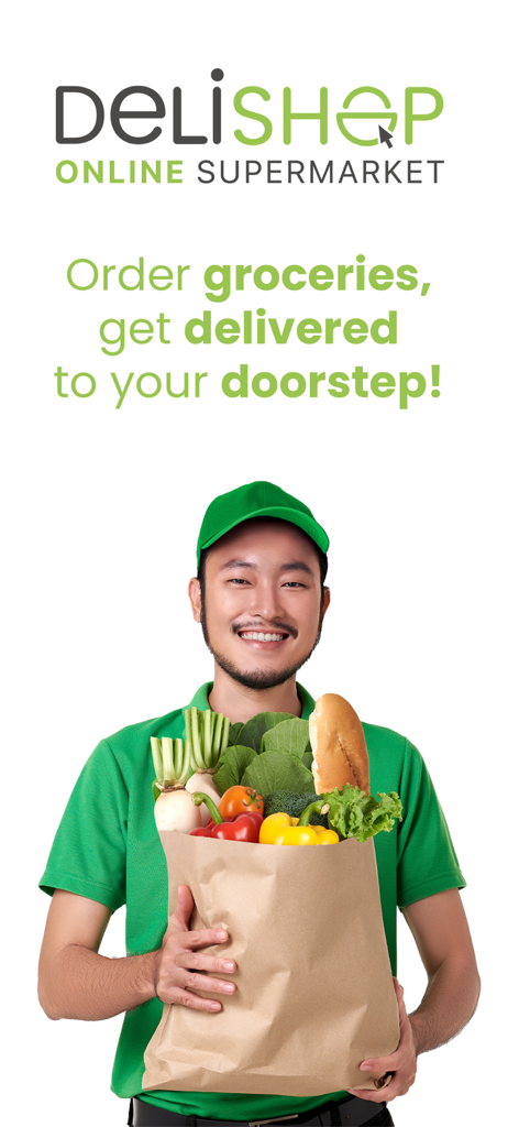 Delishop Asia - A smiling delivery man holding a bag of fresh groceries from Delishop Asia online supermarket