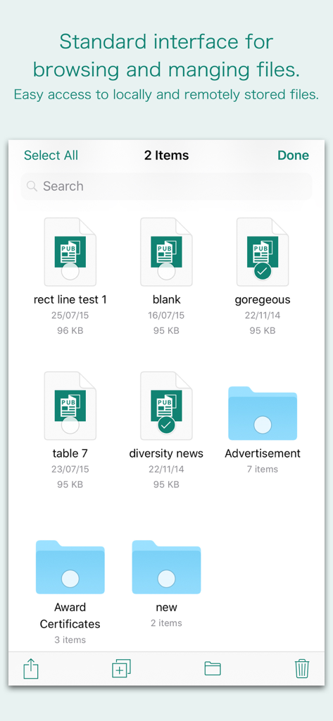 File management interface in the PUB Reader app showing Microsoft Publisher documents and folders.