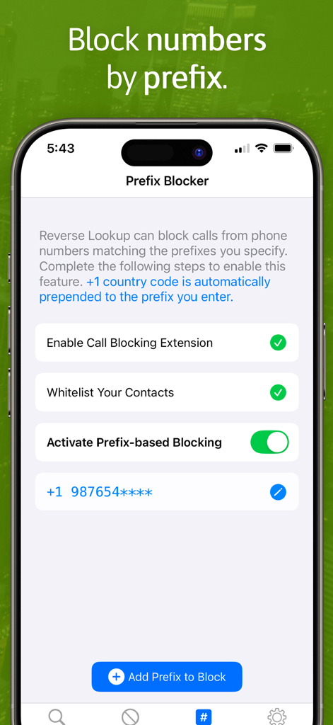 Reverse Lookup - Screenshot of the Reverse Lookup app showing the Prefix Blocker interface to block calls from specific number sequences.