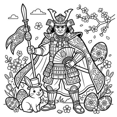 Discover an incredibly unique coloring experience combining the majesty of a Japanese Shogun with the playful spirit of Easter. This captivating design features a samurai warrior amidst charming bunnies, beautifully decorated eggs, and delicate spring blossoms, offering a fresh take on holiday fun.