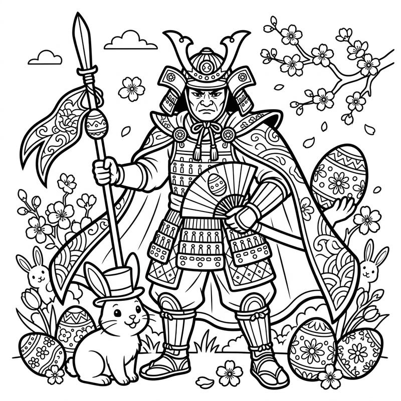 Discover an incredibly unique coloring experience combining the majesty of a Japanese Shogun with the playful spirit of Easter. This captivating design features a samurai warrior amidst charming bunnies, beautifully decorated eggs, and delicate spring blossoms, offering a fresh take on holiday fun.