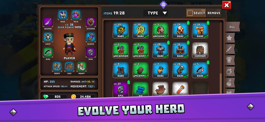 Hunters Origin - Hunters Origin character equipment and inventory screen with various gear items