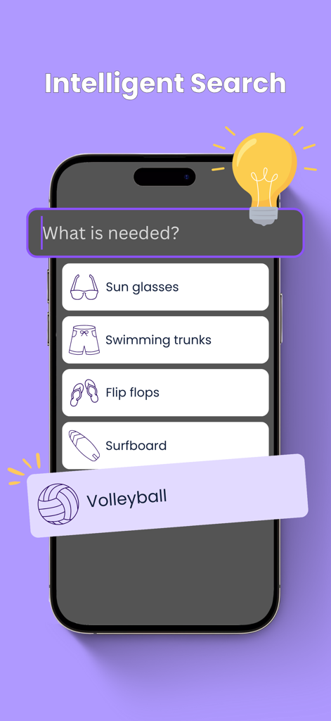 Packing List & Planner: Packup - Packup app intelligent search screen showing item suggestions for sunglasses swimming trunks and flip flops