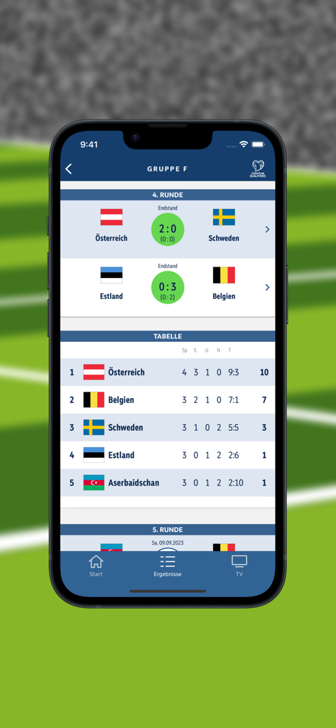 ORF Fussball app screenshot showing European soccer qualifier scores and group standings.