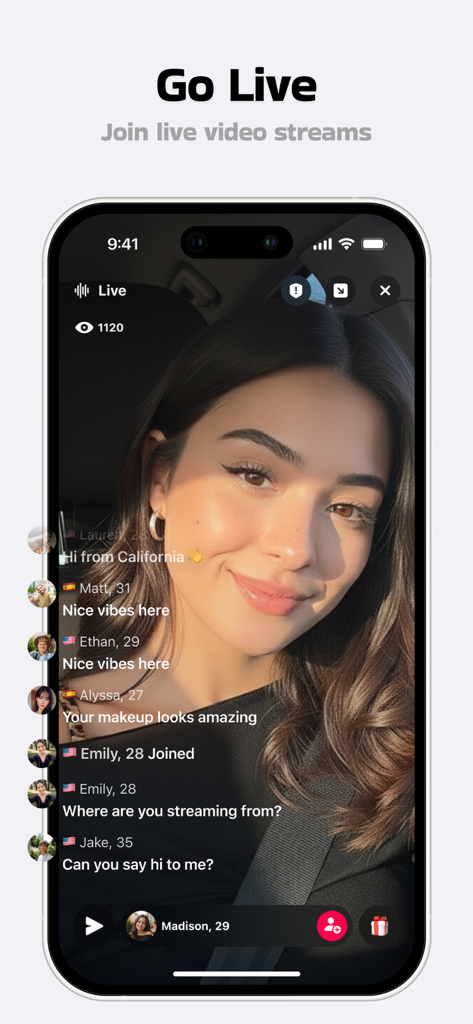 Captura de pantalla de la aplicación Aveola que muestra una transmisión de vídeo en vivo con una mujer sonriendo y mensajes de chat de usuario interactivos